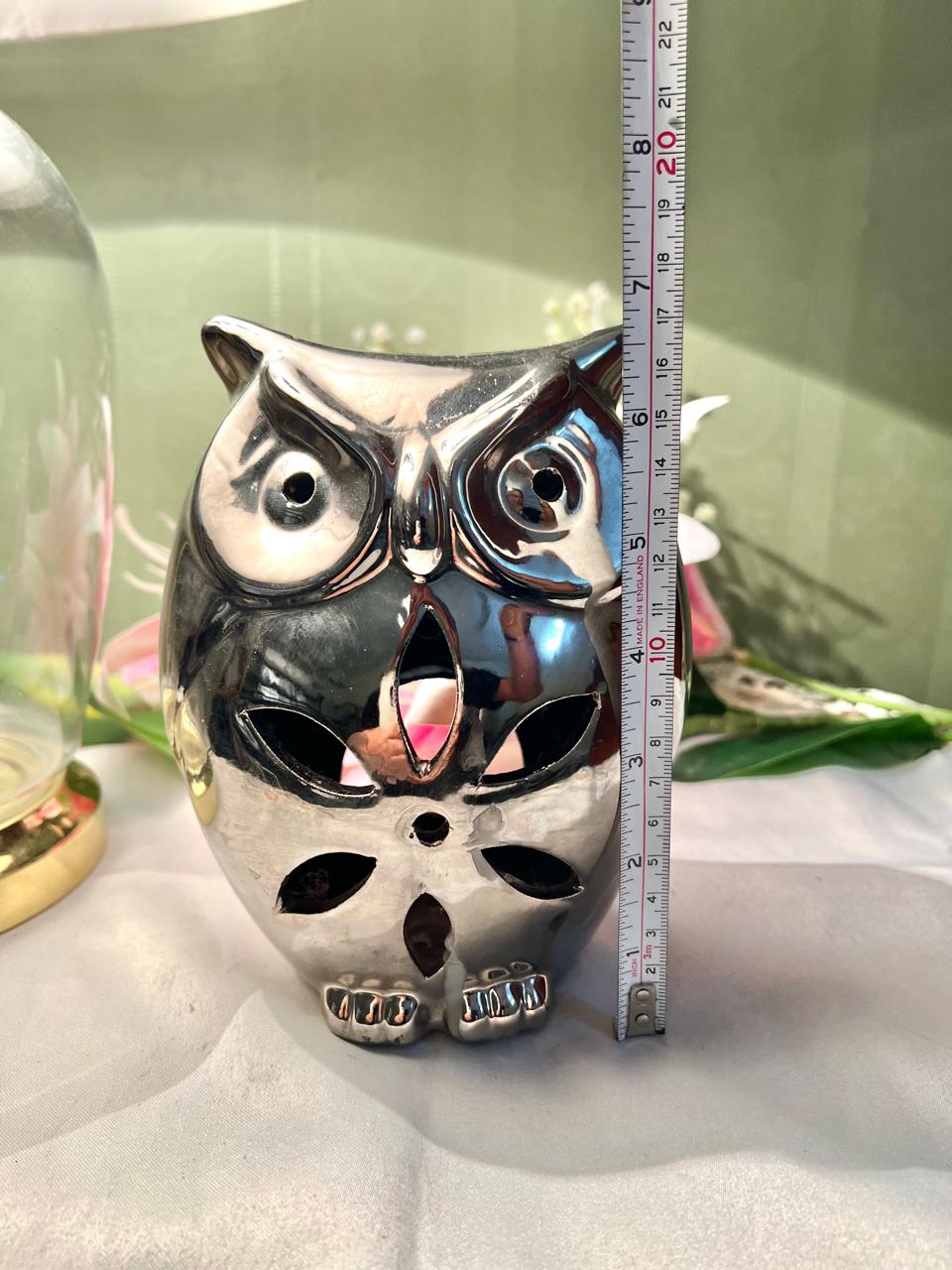Silver Owl Tealight Candle Holder – Cut-Out Ceramic Decorative Lantern