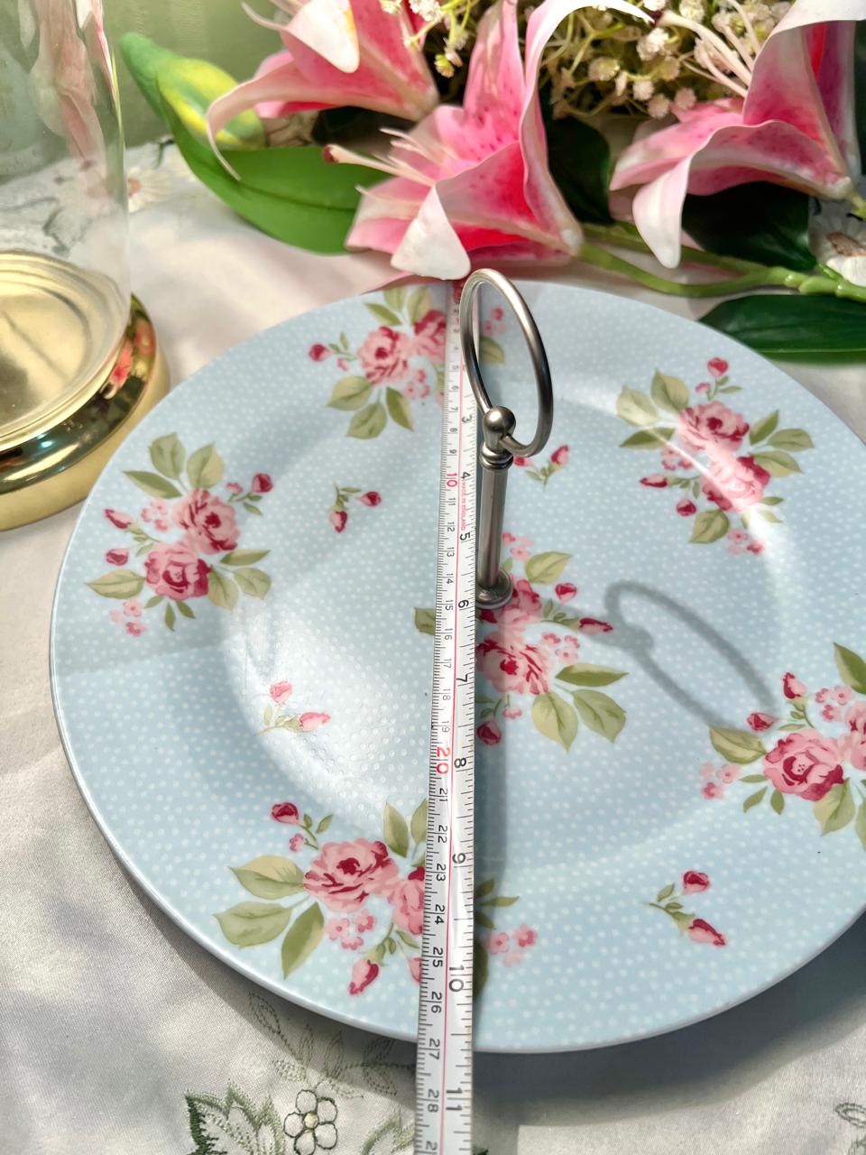 Vintage Blue Floral Cake Plate – Rose Pattern Porcelain Serving Plate with Metal Handle