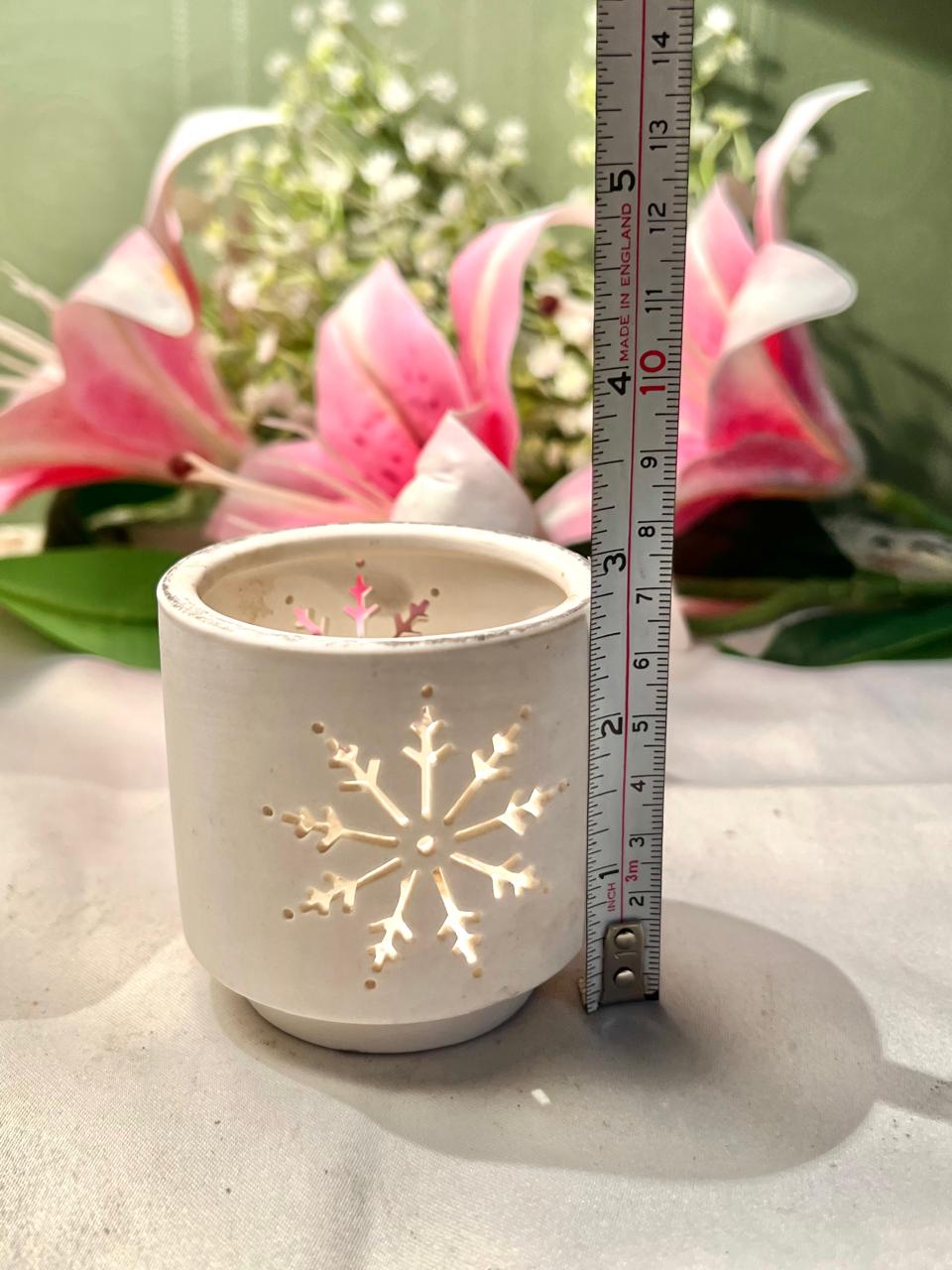 White Snowflake Ceramic Candle Holder 8cm