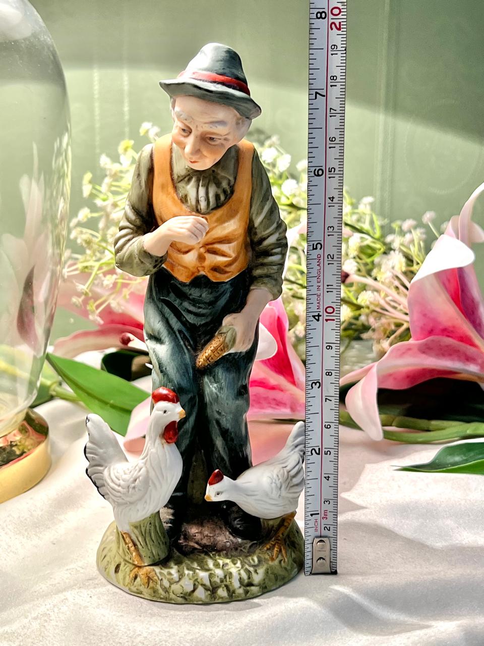 Farmer Feeding Chickens Ceramic Figurine 18cm