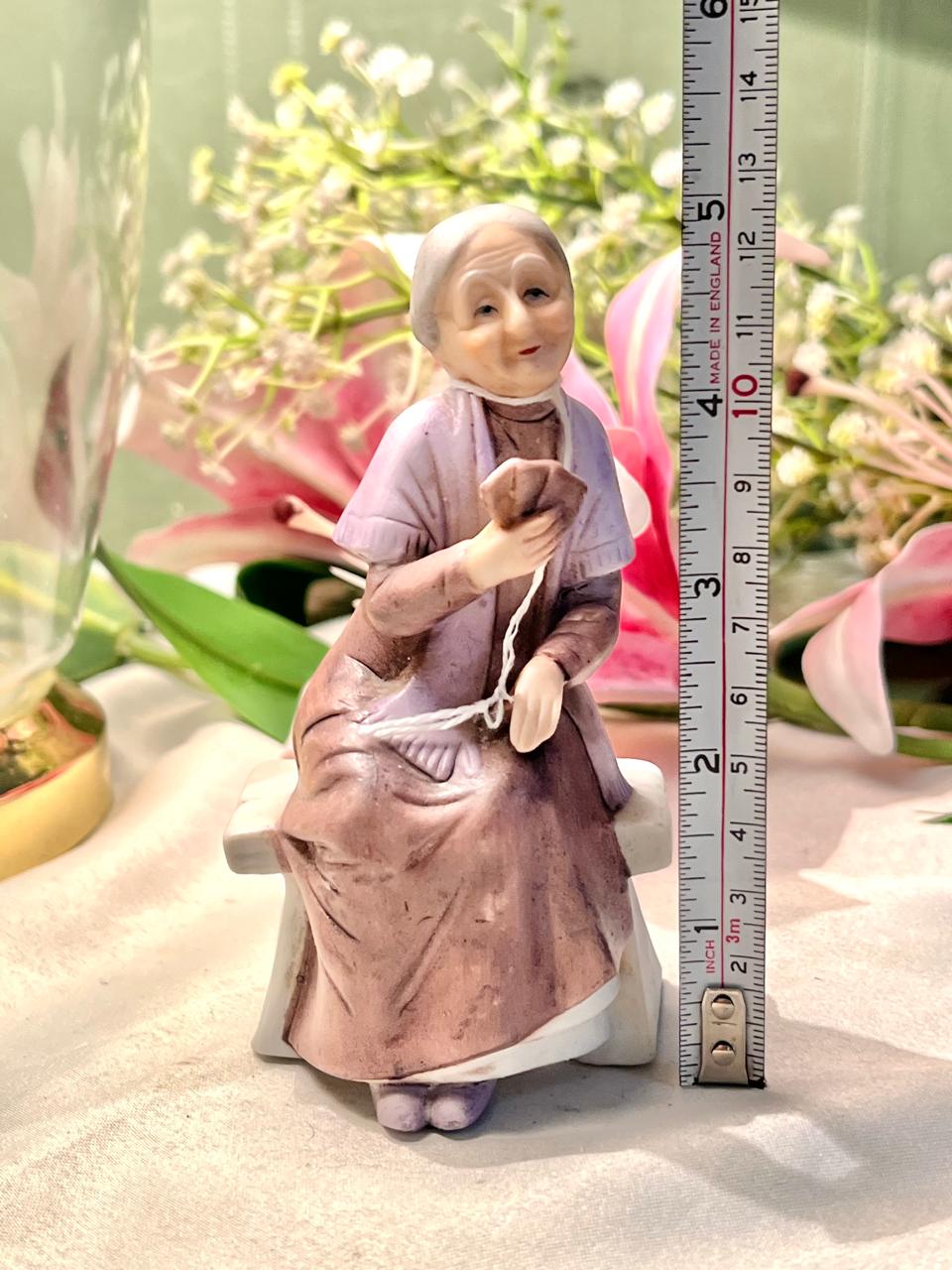 Elderly Woman Knitting Ceramic Figurine 12cm