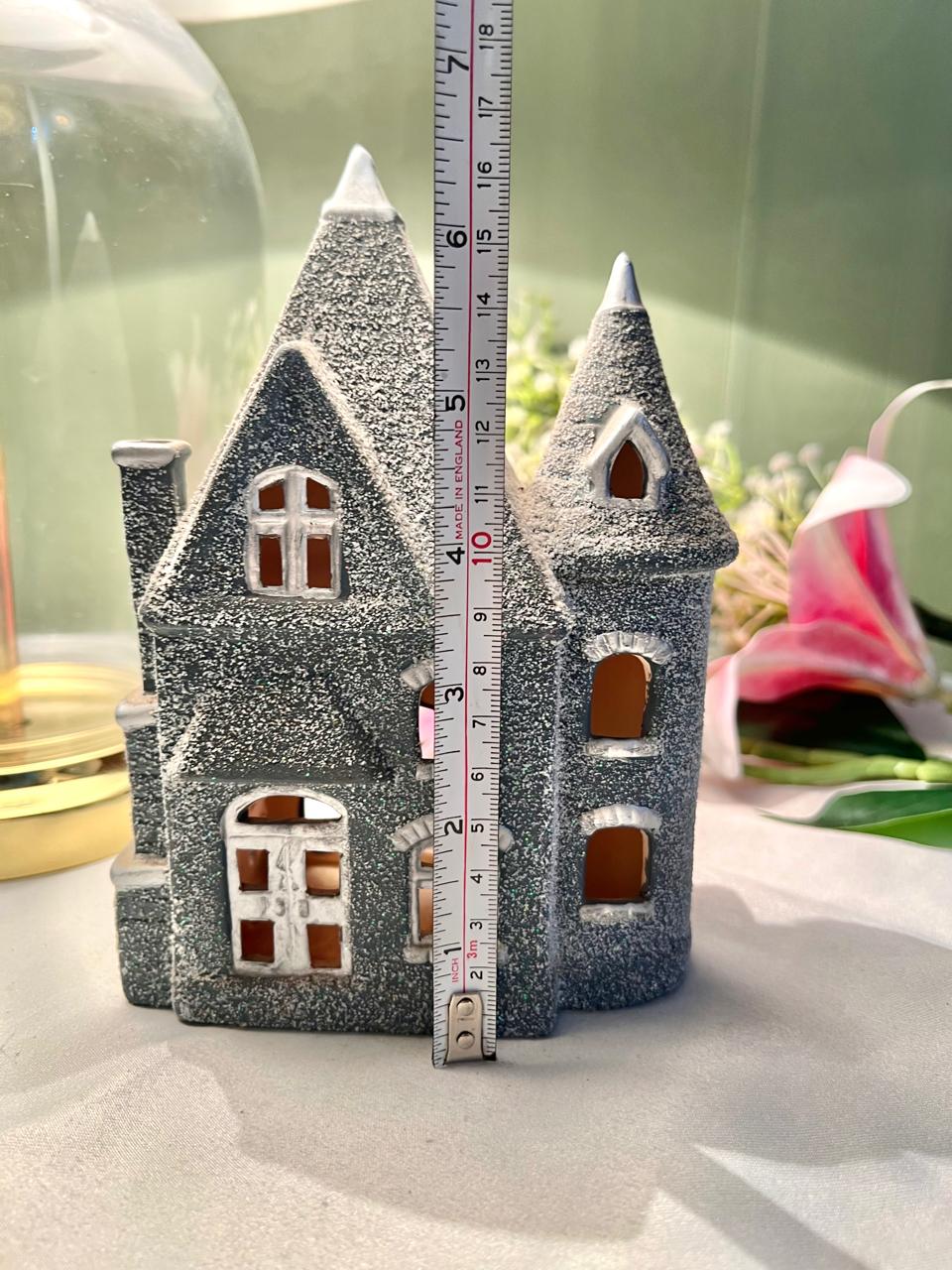 Grey Glitter Haunted House Candle Holder 16cm