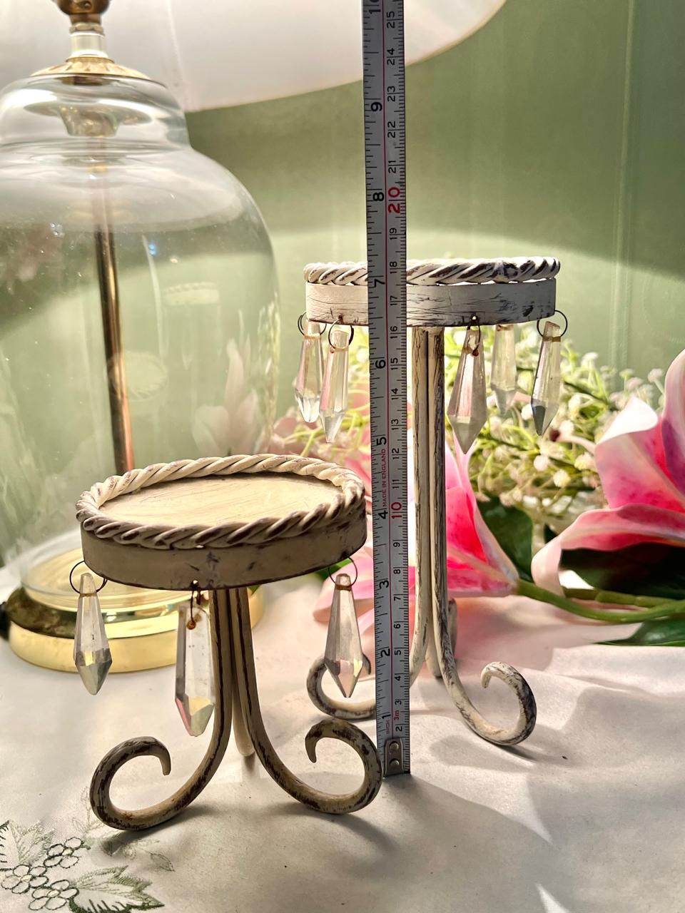 Set of 2 Crystal Drop Display / Candle Stands Cream Metal 7 in & 4 in