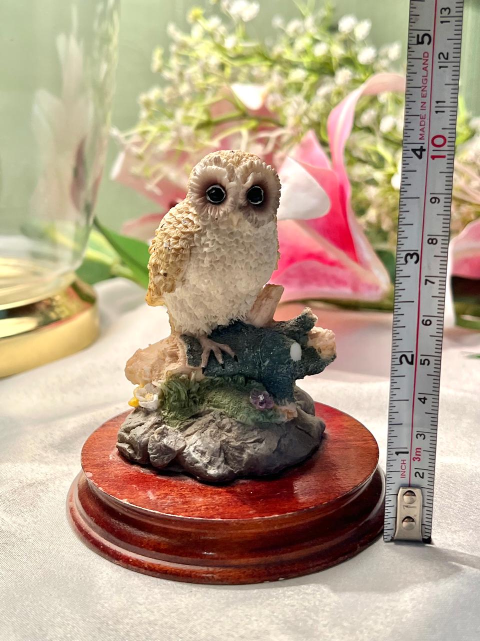 Owl on Branch Figurine with Wooden Base 9cm