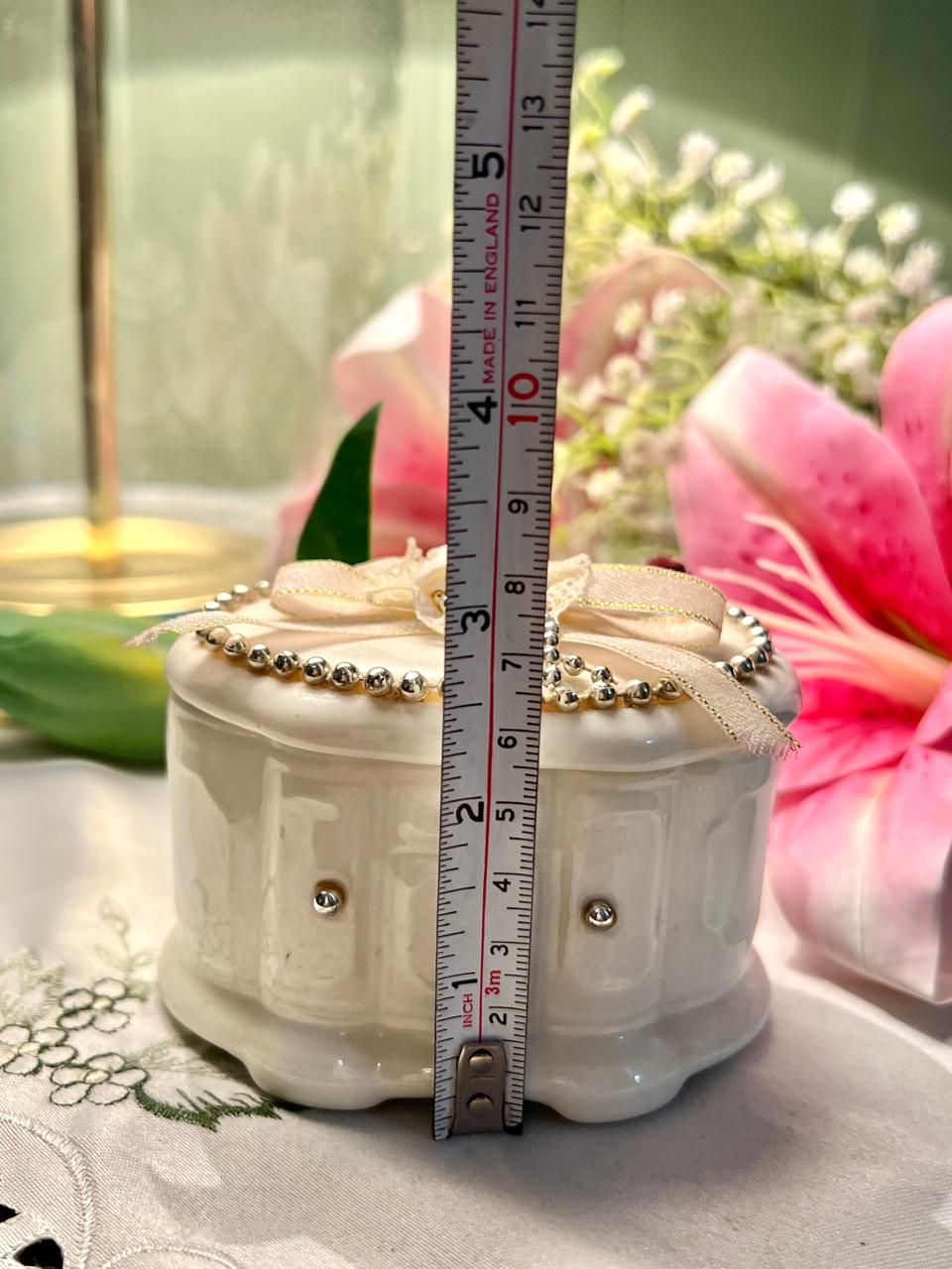 White Ceramic Beaded Lidded Trinket Box 4 in