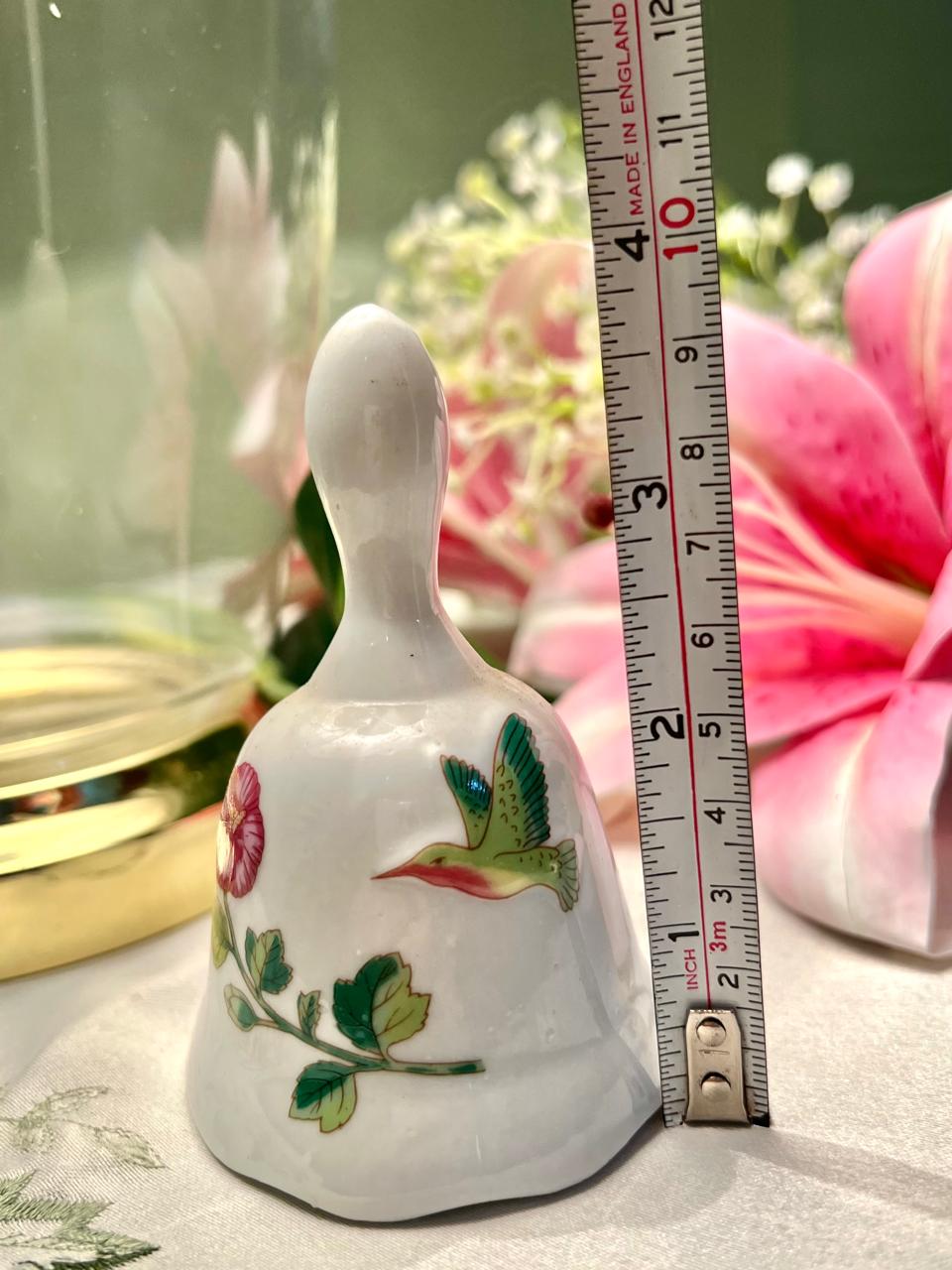 Floral Hummingbird Ceramic Hand Bell 4 in