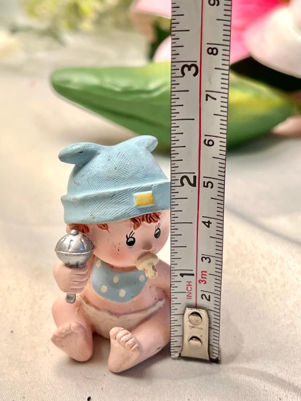Baby with Rattle Miniature Figurine Blue Hat 6cm