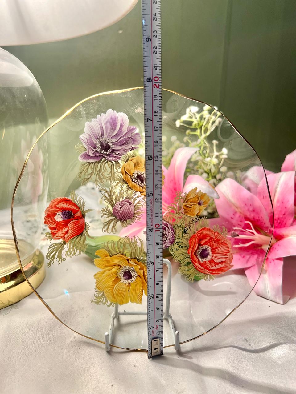 Vintage Floral Crystal Plate Gold Rim Approx. 8 in
