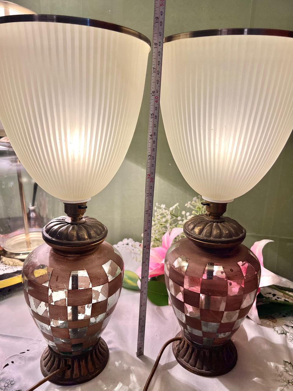 Pair Vintage Mosaic Table Lamps Ribbed Shades Approx. 19 in