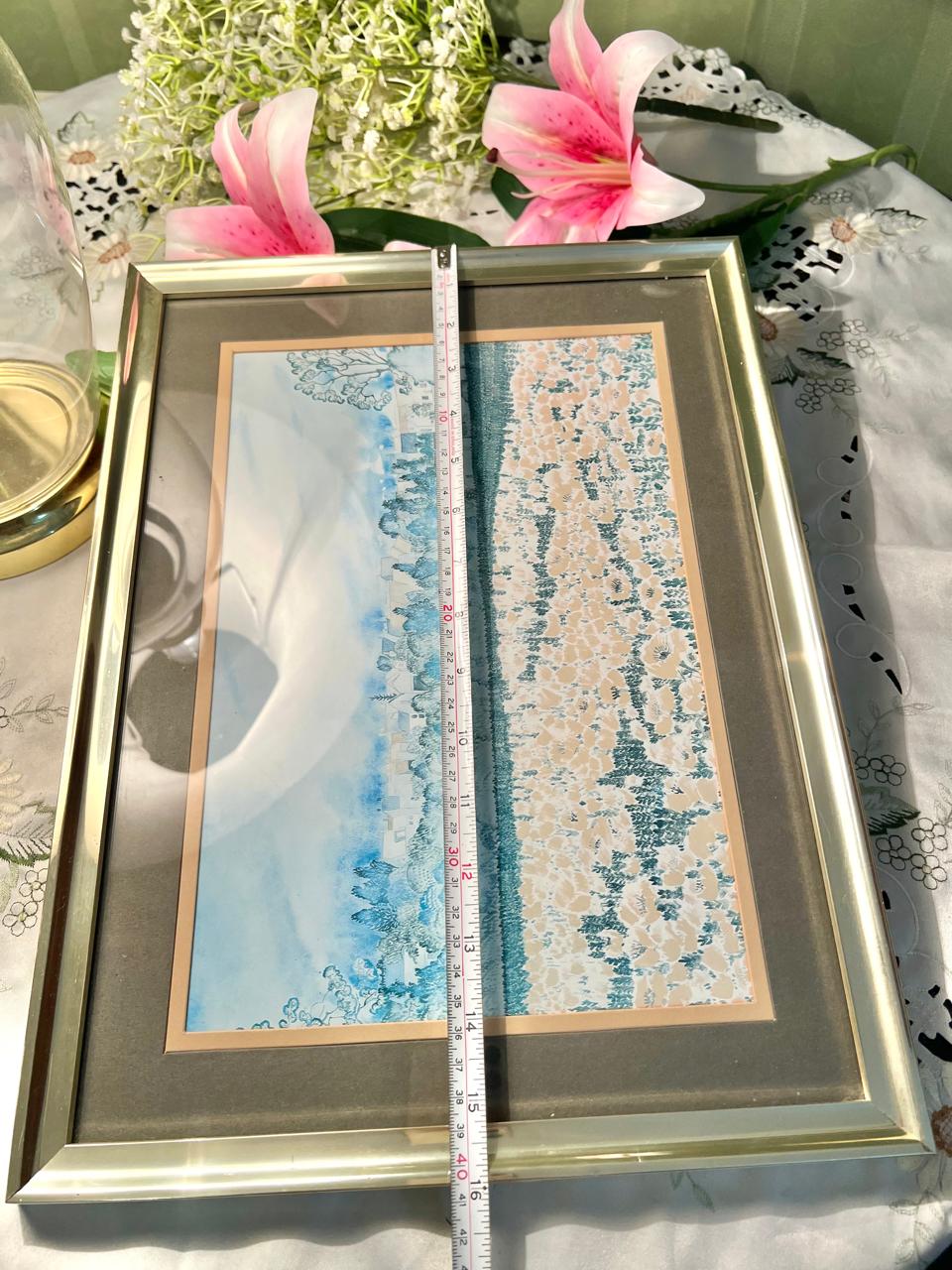 Vintage framed landscape watercolor painting depicting a scenic field and sky Blue Landscape Large 16 in