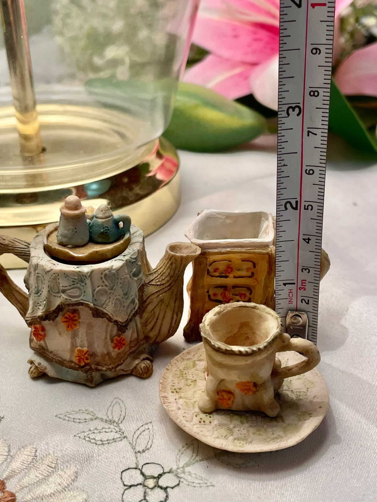 Miniature Tea Set Decor Trio with Teapot, Cup & Cabinet