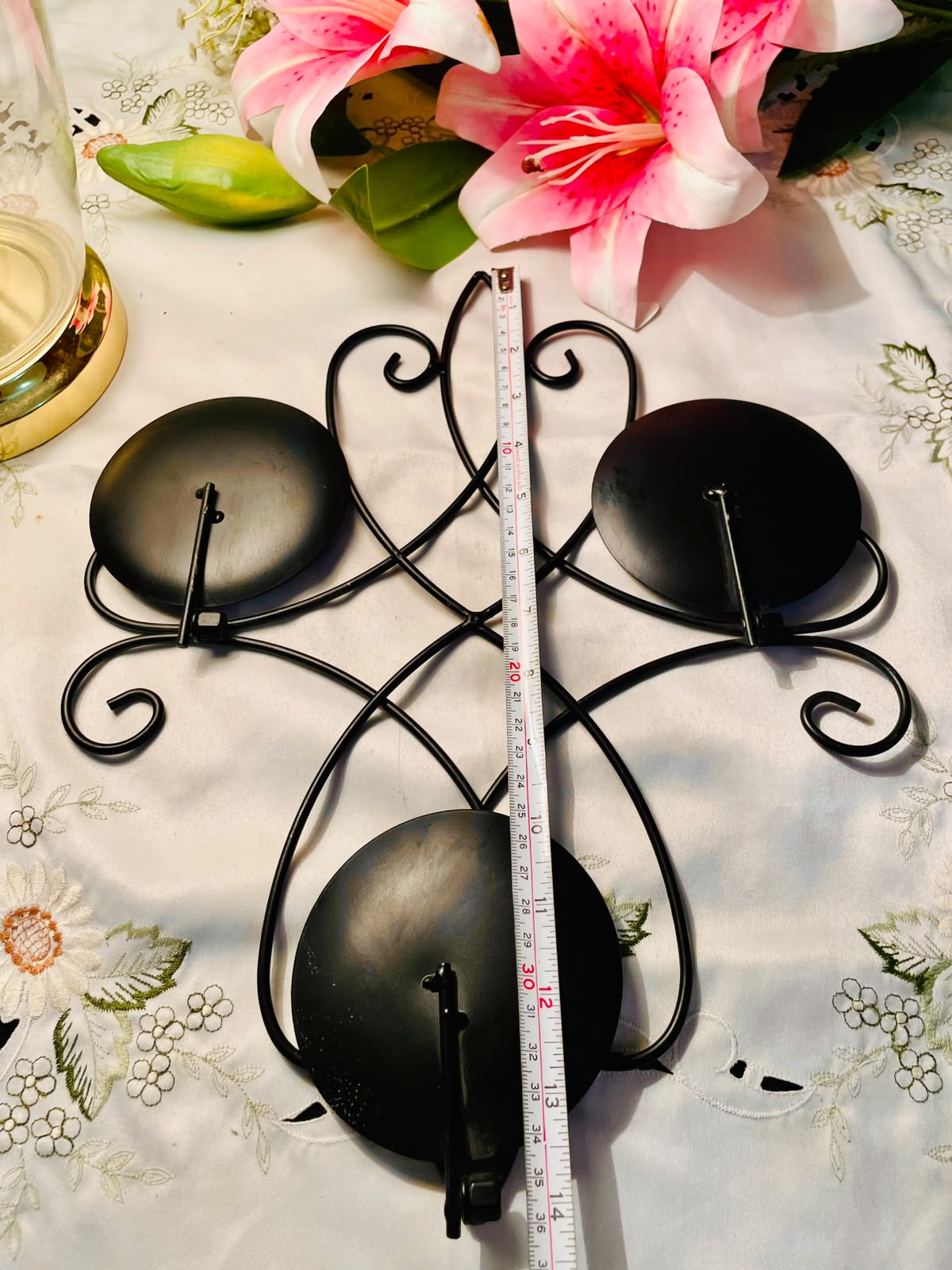 Black Metal 3-Candle Wall Holder with Scrollwork 35 cm