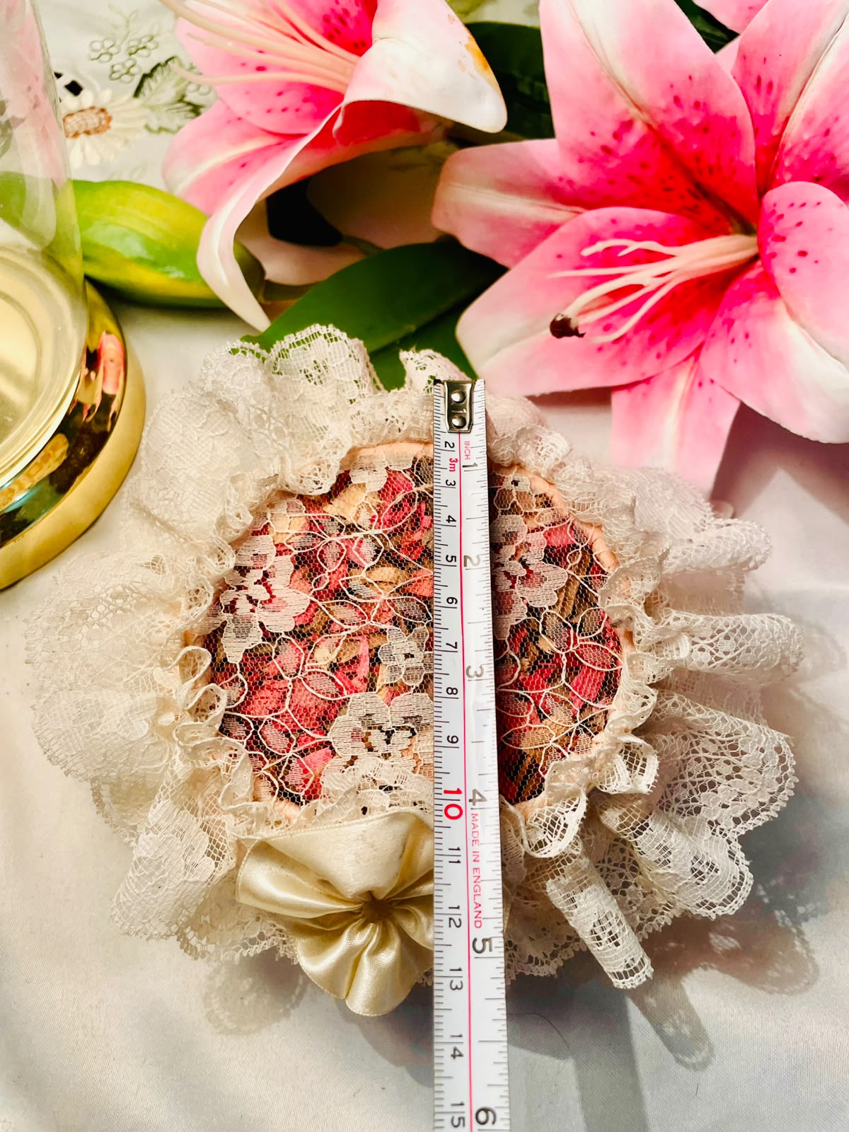Floral Lace Decorative Pin Cushion with Satin Bow 12 cm