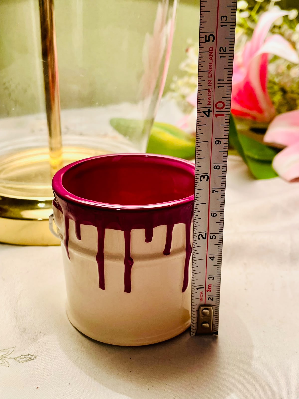 Hand painted Cream Ceramic Pot with Magenta Drip Glaze Lantern 8 cm