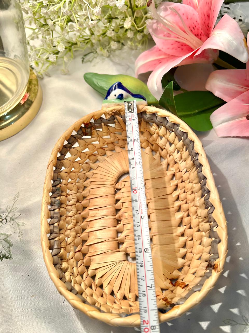 Woven Decorative Basket with Ceramic Bird Accent 20 cm