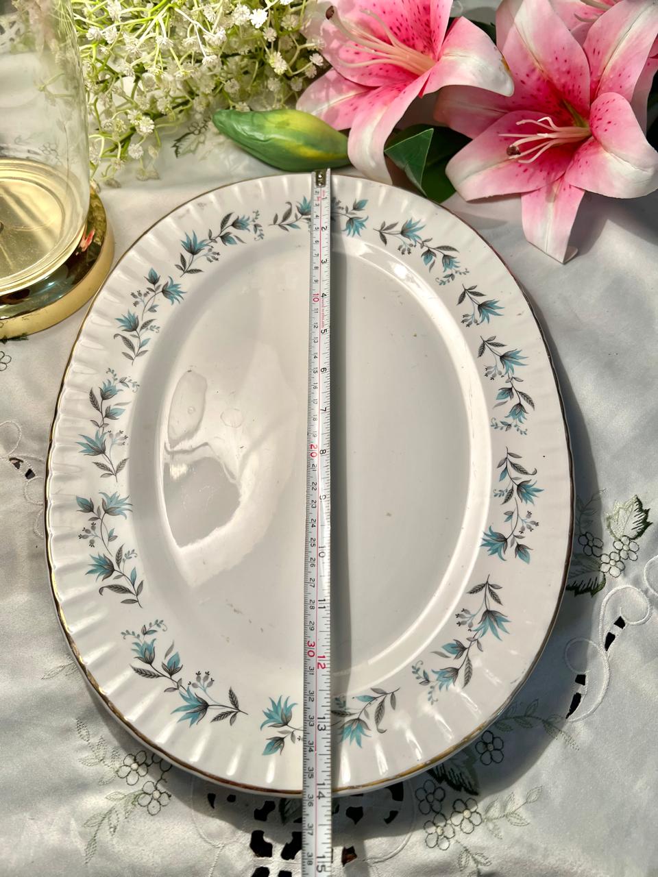 Vintage Ridgway White Mist "Dianne" Blue Floral Oval Large Serving Platter, Gold Trim, 14 in
