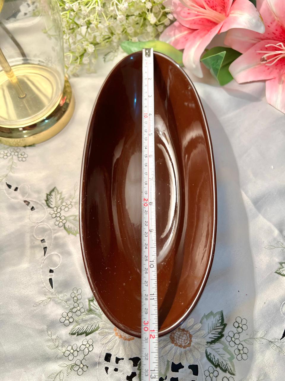 Vintage Brown Oval Large Serving Bowl, 12 in