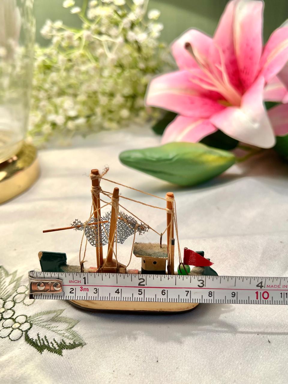 Miniature Fishing Boat Magnet Model with Nets & Red Flag, 4 in
