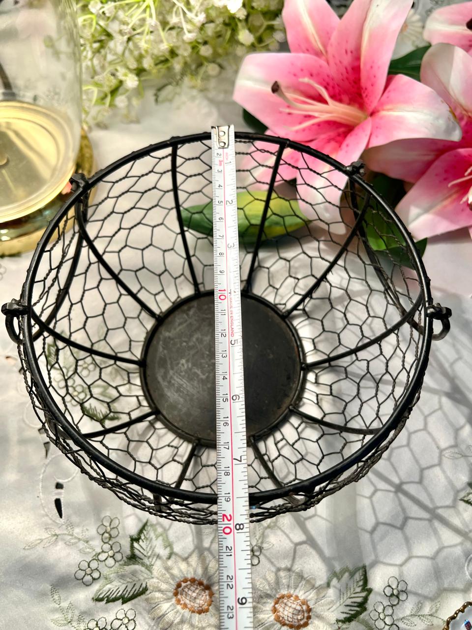 Vintage Black Wire Basket with Chicken Wire Design – 8 in