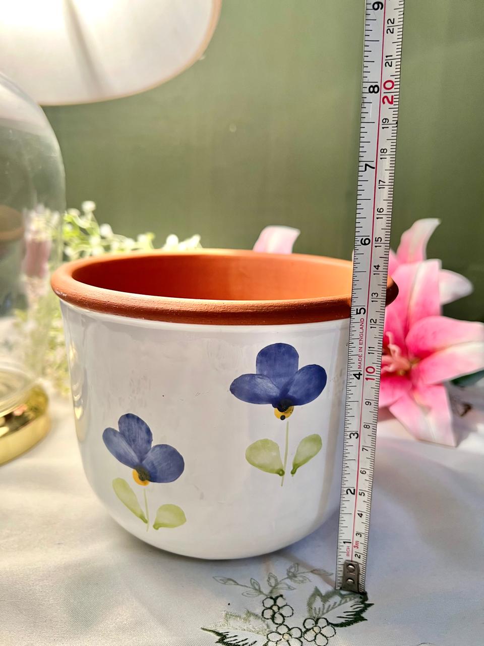 Hand painted Blue Floral Terracotta Planter – 5 Inch