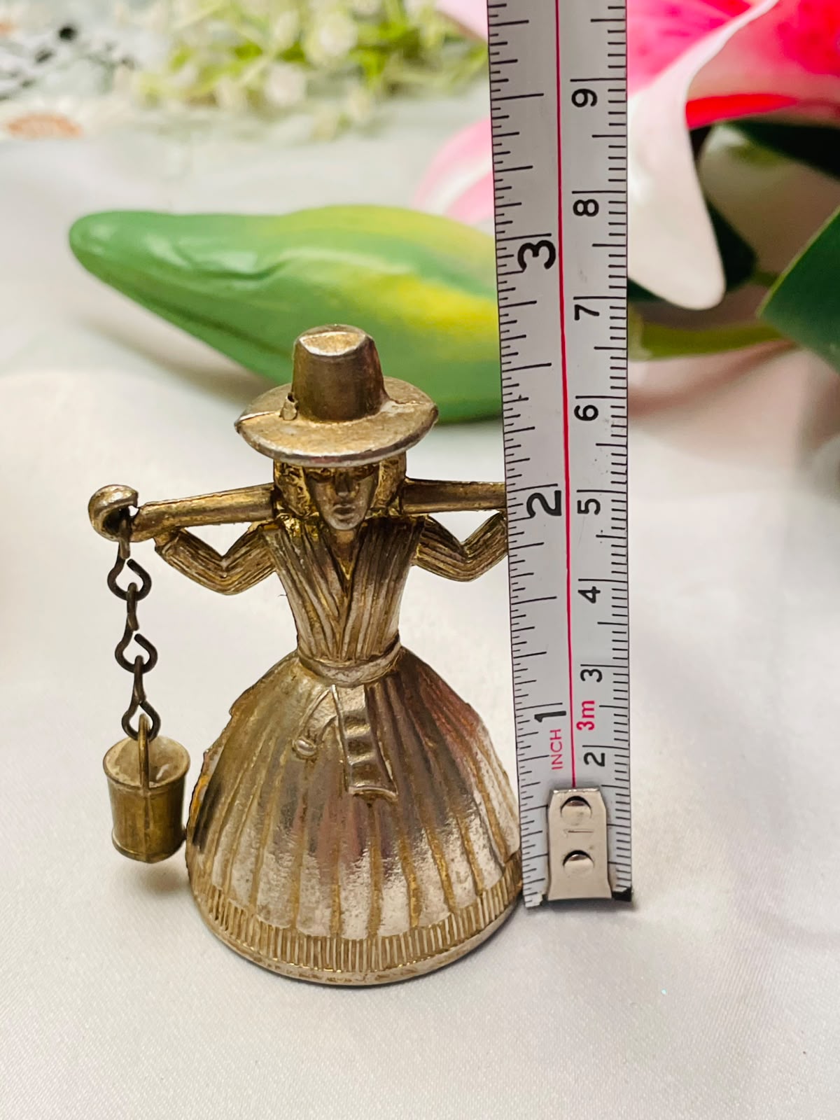 2.5" Brass Bell Woman Carrying Bucket Miniature Figurine