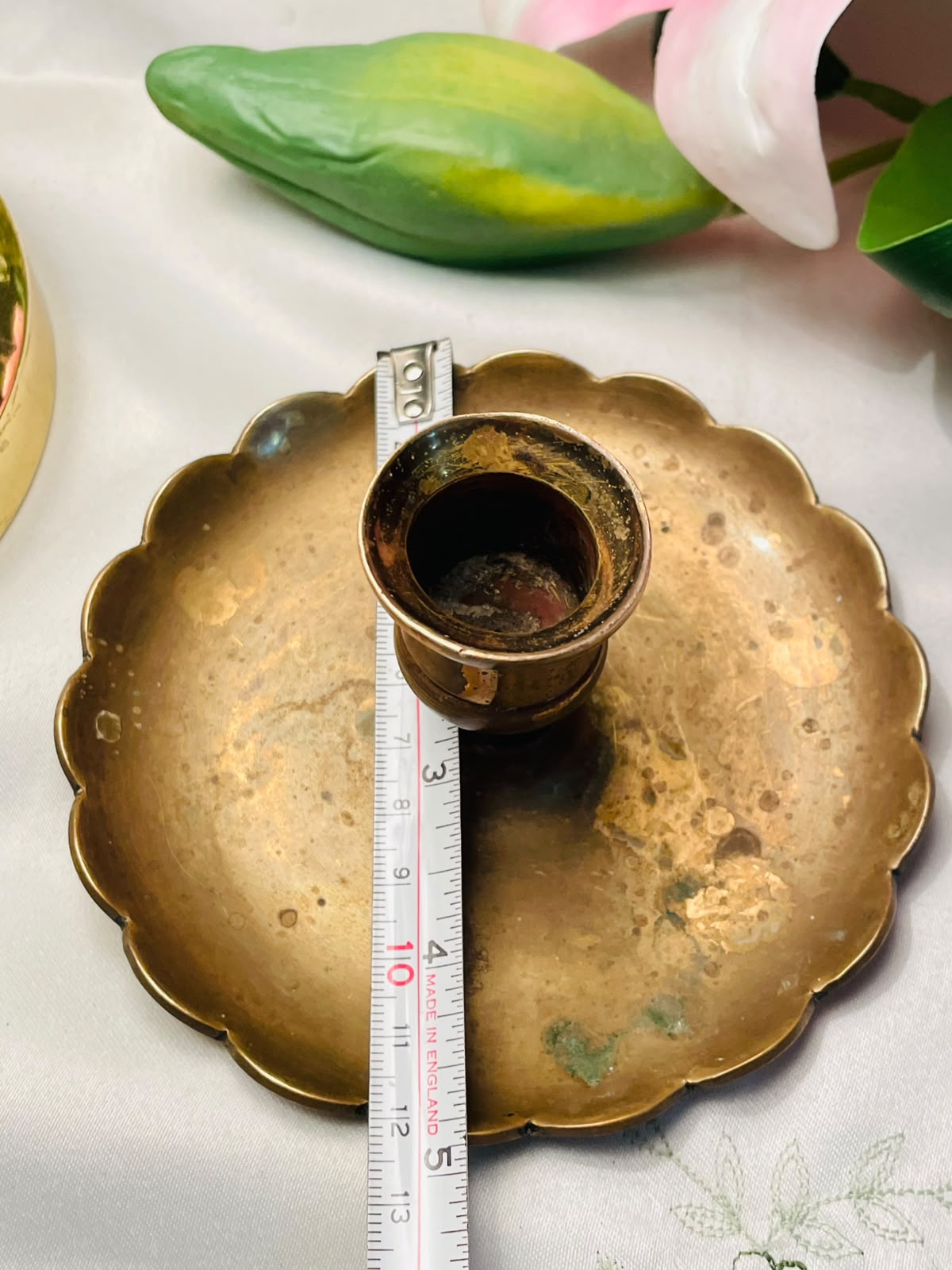 Vintage Brass Candle Holder with Scalloped Tray 5 in