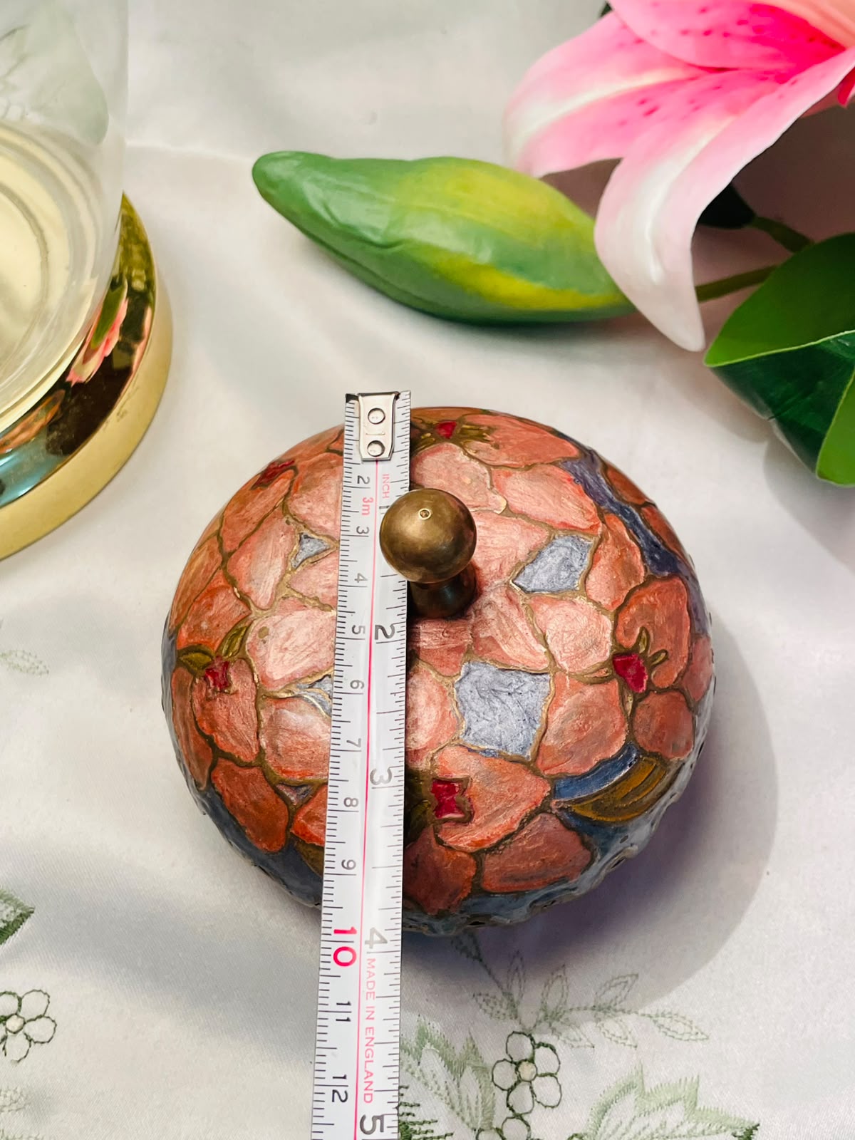 Floral Painted Brass Lidded Trinket Box 4 in