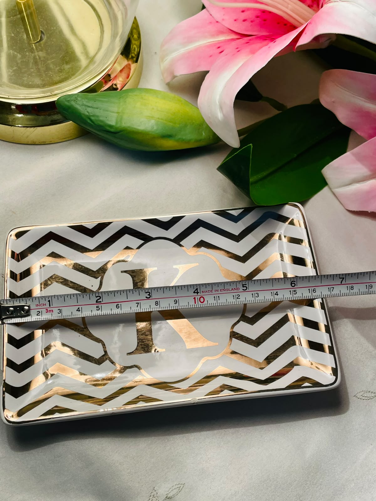 Black & Gold Chevron Monogram K Ceramic Tray 7"