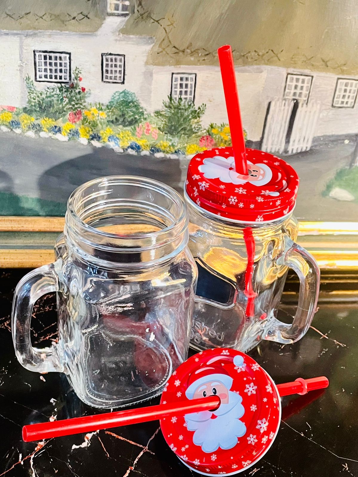 Set of 2 - Christmas Mason Jar Mugs with Lids & Straws