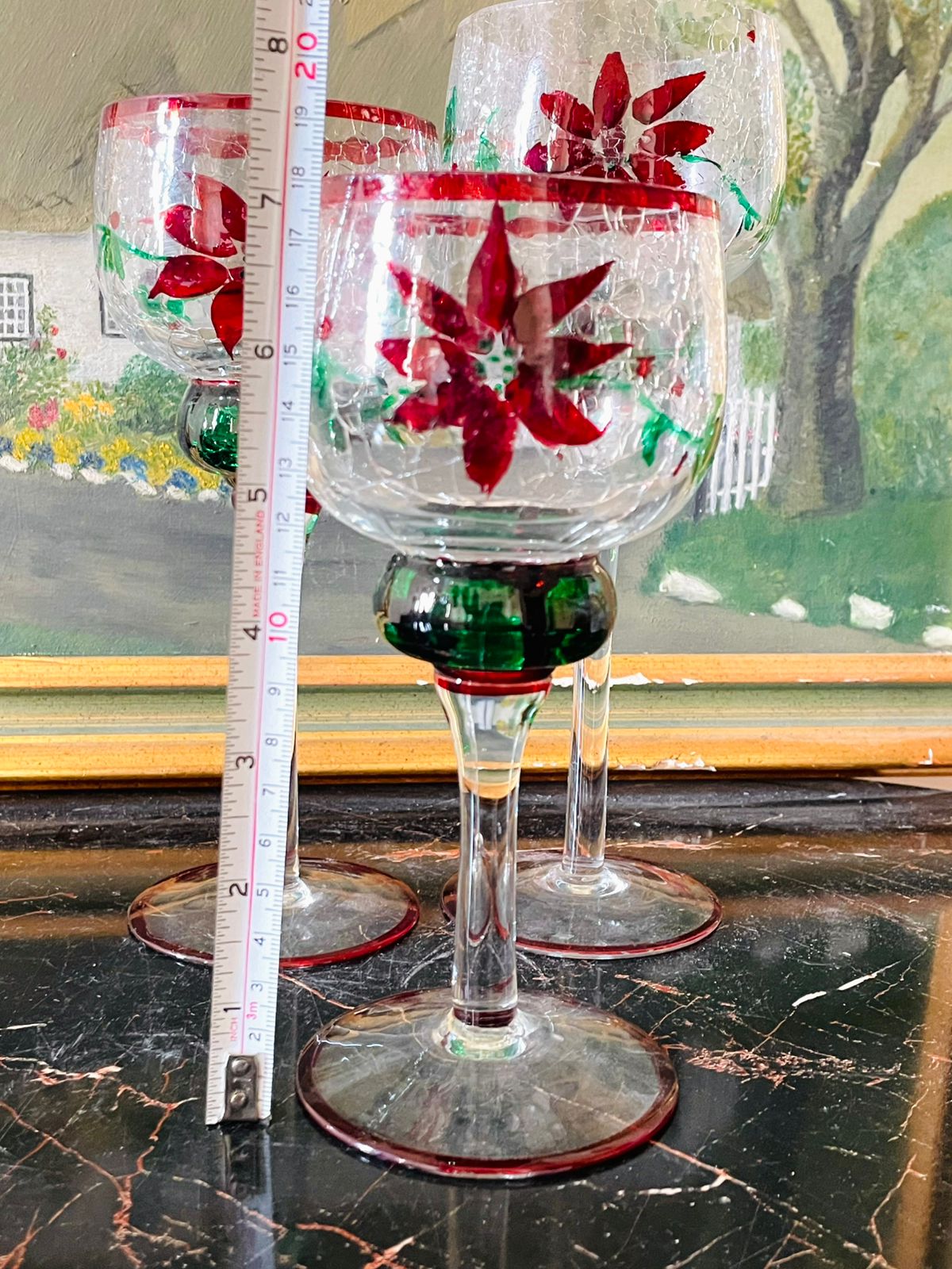Set of 3 Handcrafted Crackle Glass Candle Stands – Red Poinsettia Floral Design