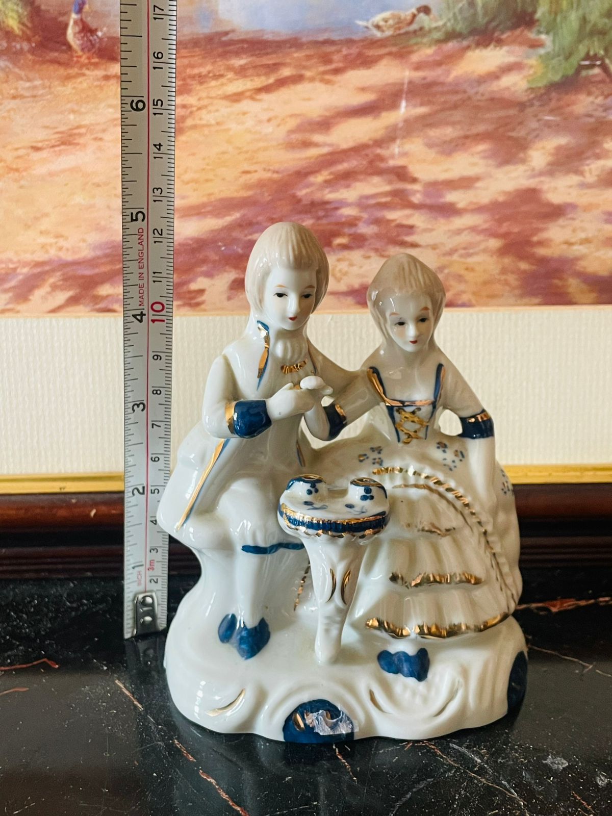 Vintage Blue & White Porcelain Couple Figurine – Elegant Classical Lovers (England) Blue Pottery Home Decor