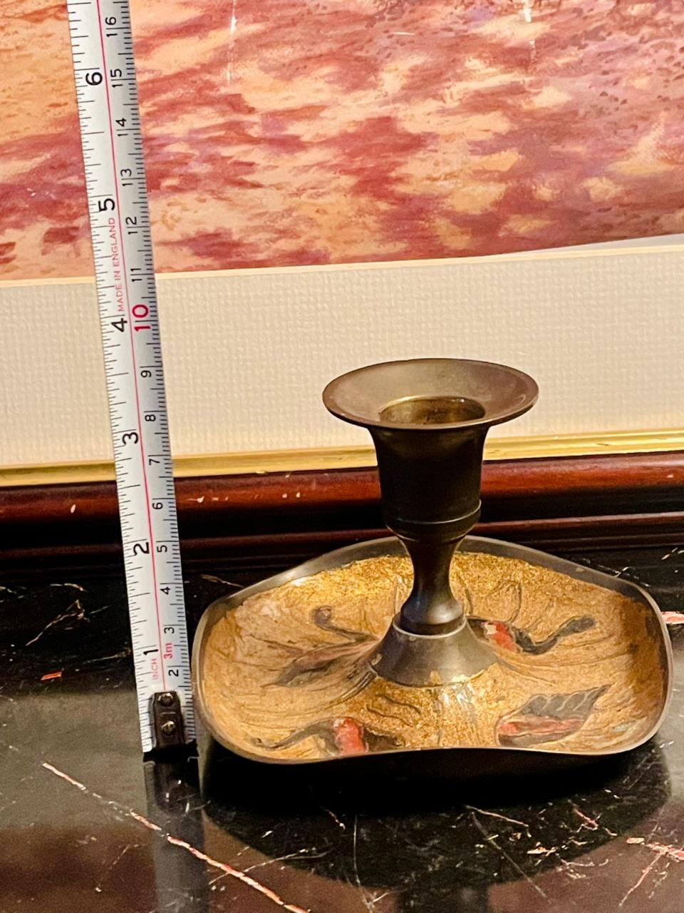 Antique Brass Candle Holder with Hand-Painted Birds – England
