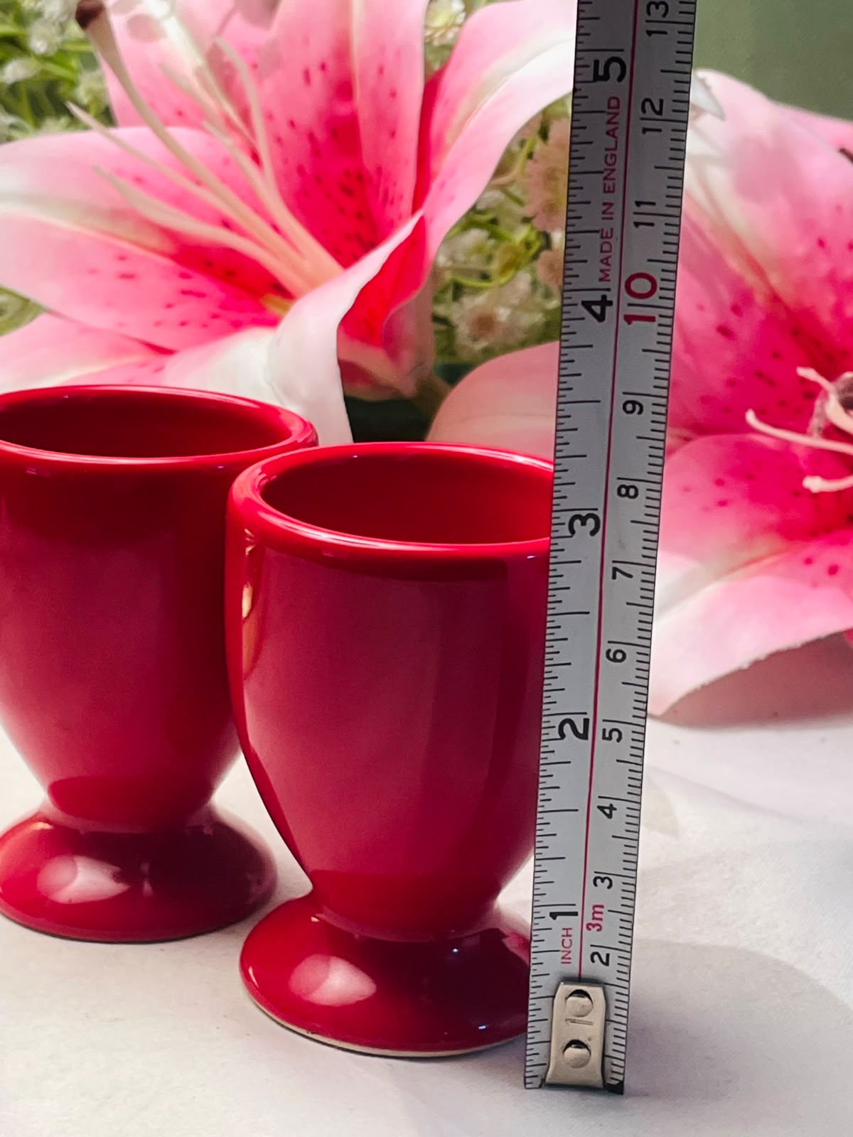 Pair of Red Ceramic Pedestal Egg holders Approx. 8 cm