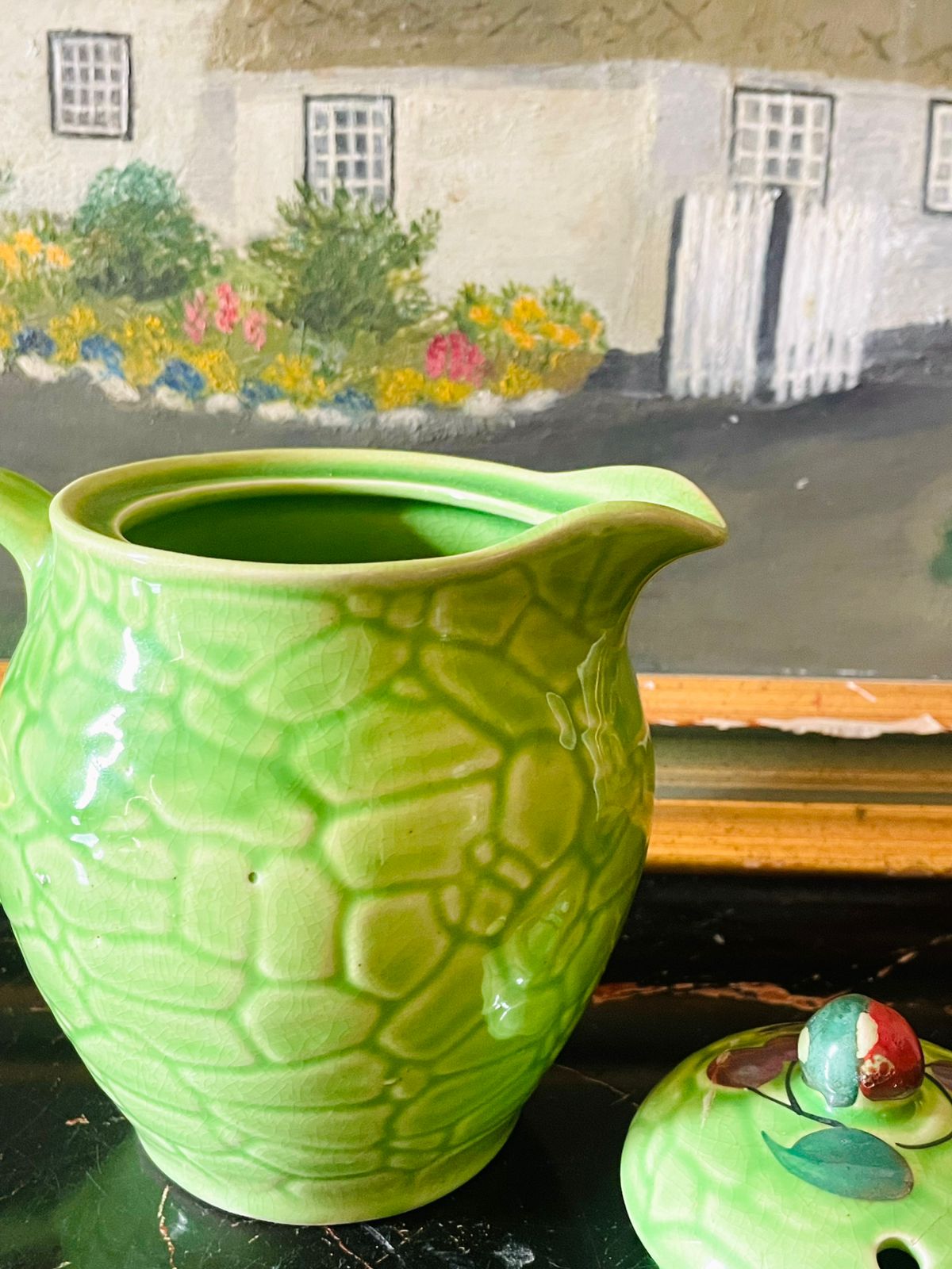 Vintage Green Glazed Pot with Lid – Textured Ceramic Jug