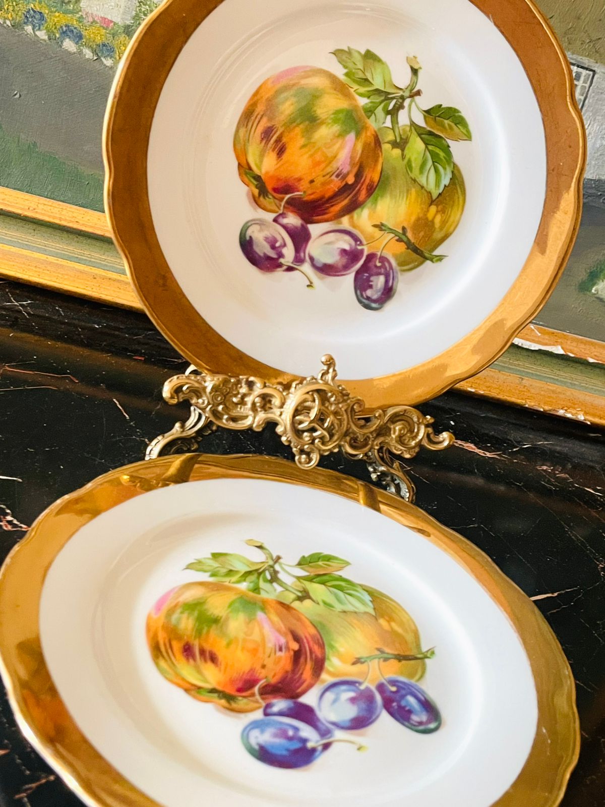 (Rare find) Set of 2 Vintage Czechoslovakia Porcelain Plates – Hand-Painted Fruits with Gold Trim