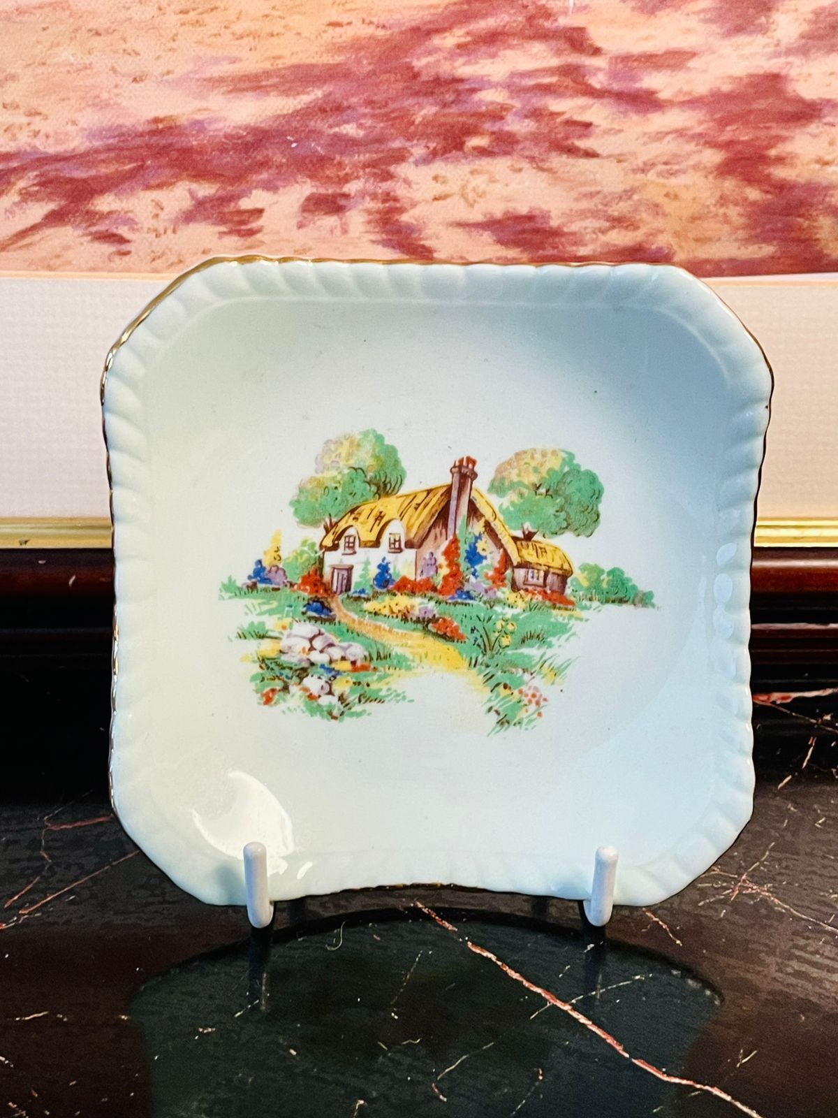 Vintage ROYAL Bone China Square Dish – Cottage Garden Scene – Made in England