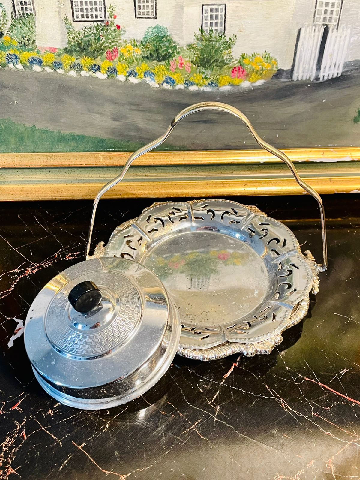 Vintage Silver Plated Covered Serving Dish with Handle – Ornate English Design
