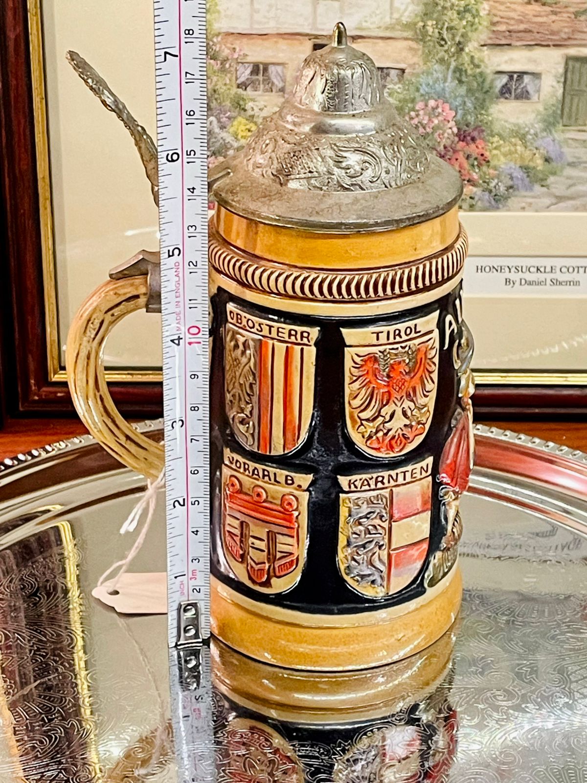 Vintage German Mug with Pewter Lid – Embossed Design