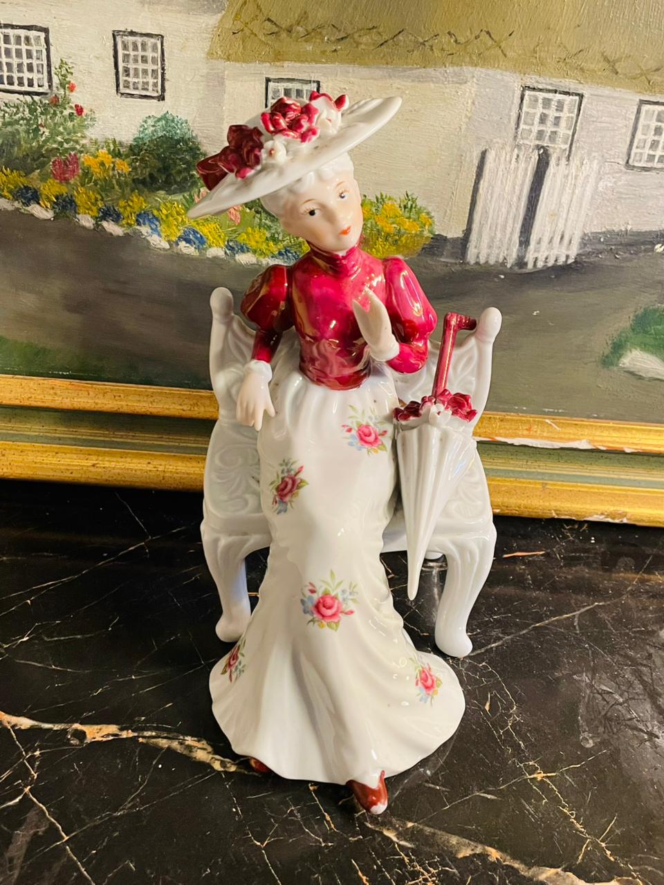 Edwardian Porcelain Figurine – Woman seated with Umbrella - French Doll