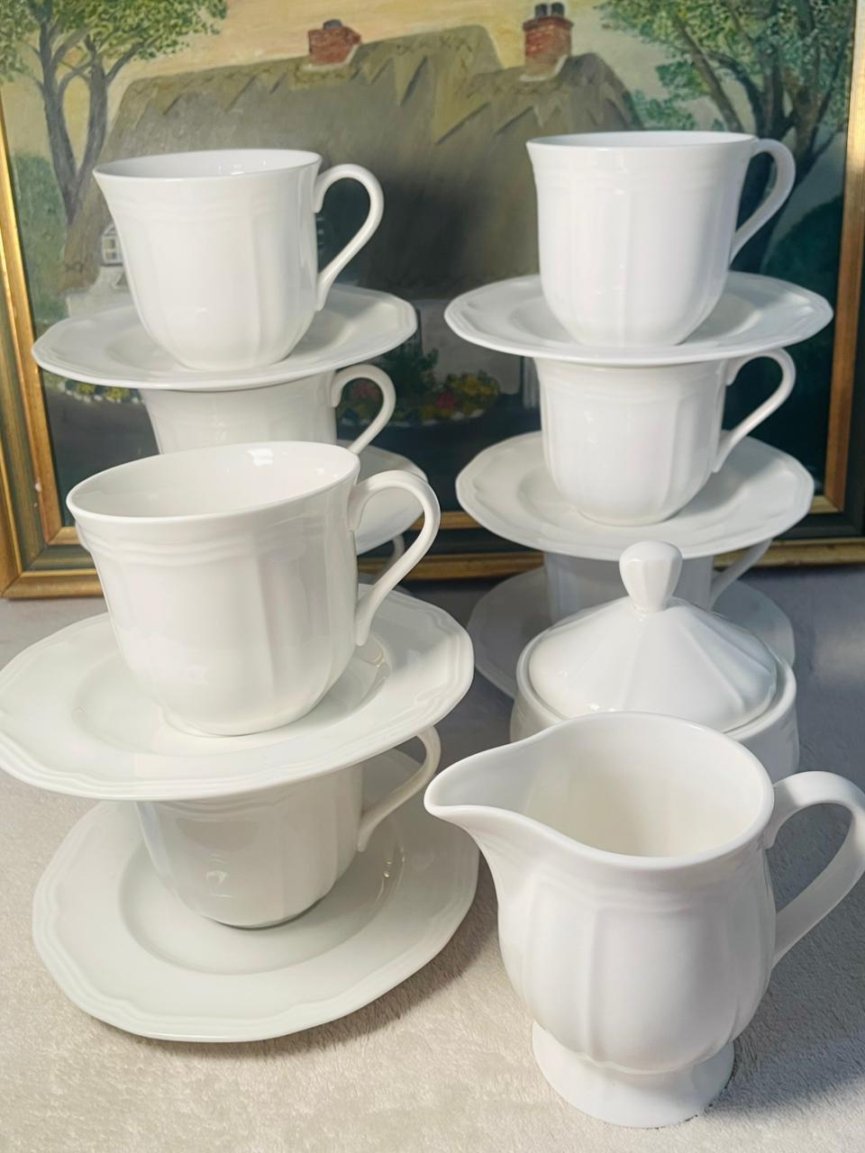 Tea Set, 6 Persons (1400/-) White Cup Saucers, Sugar Bowl & Creamer, Full Set, England
