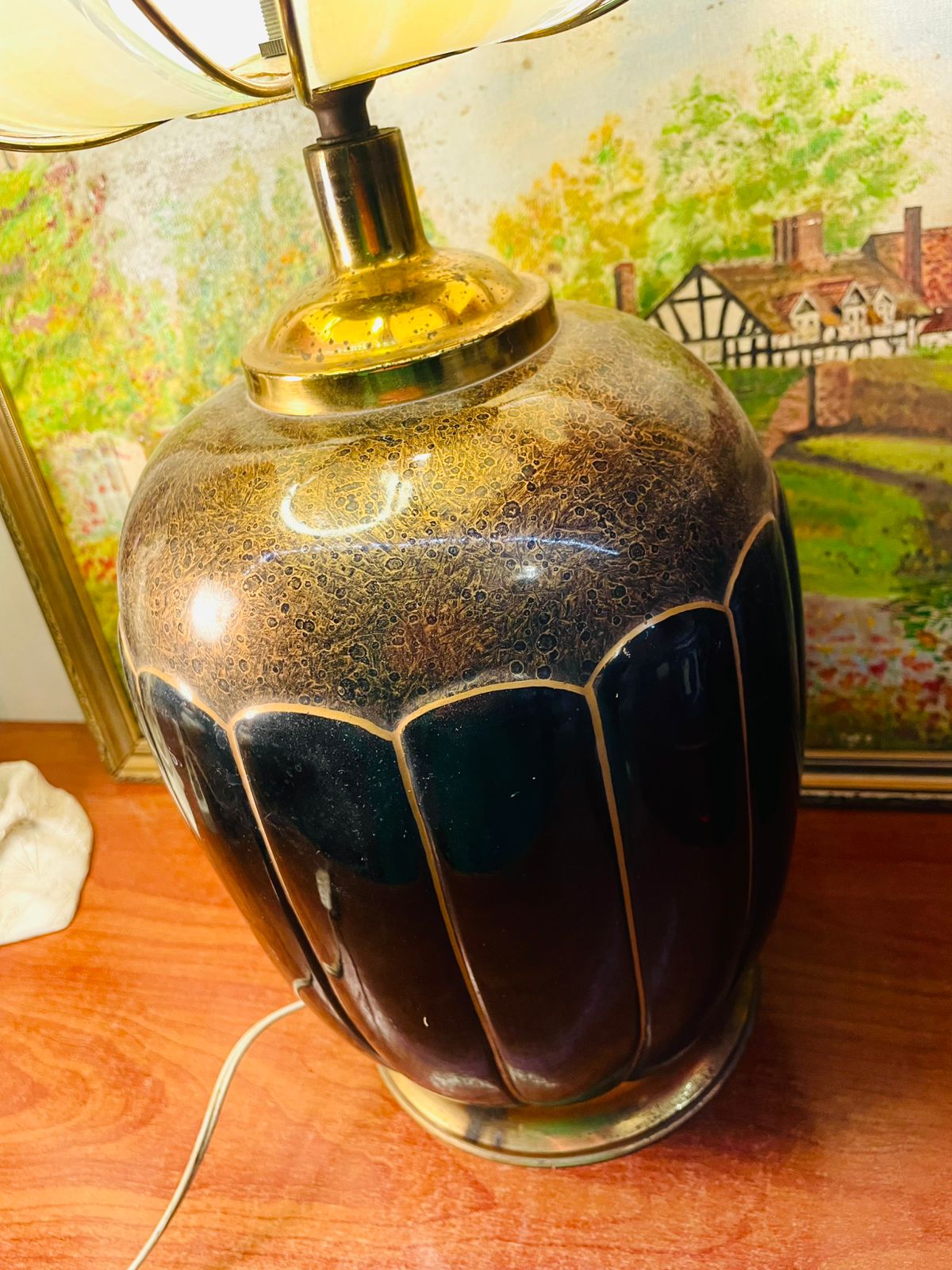Antique Black & Gold Ceramic Table Lamp with Glass Globe – Single Piece