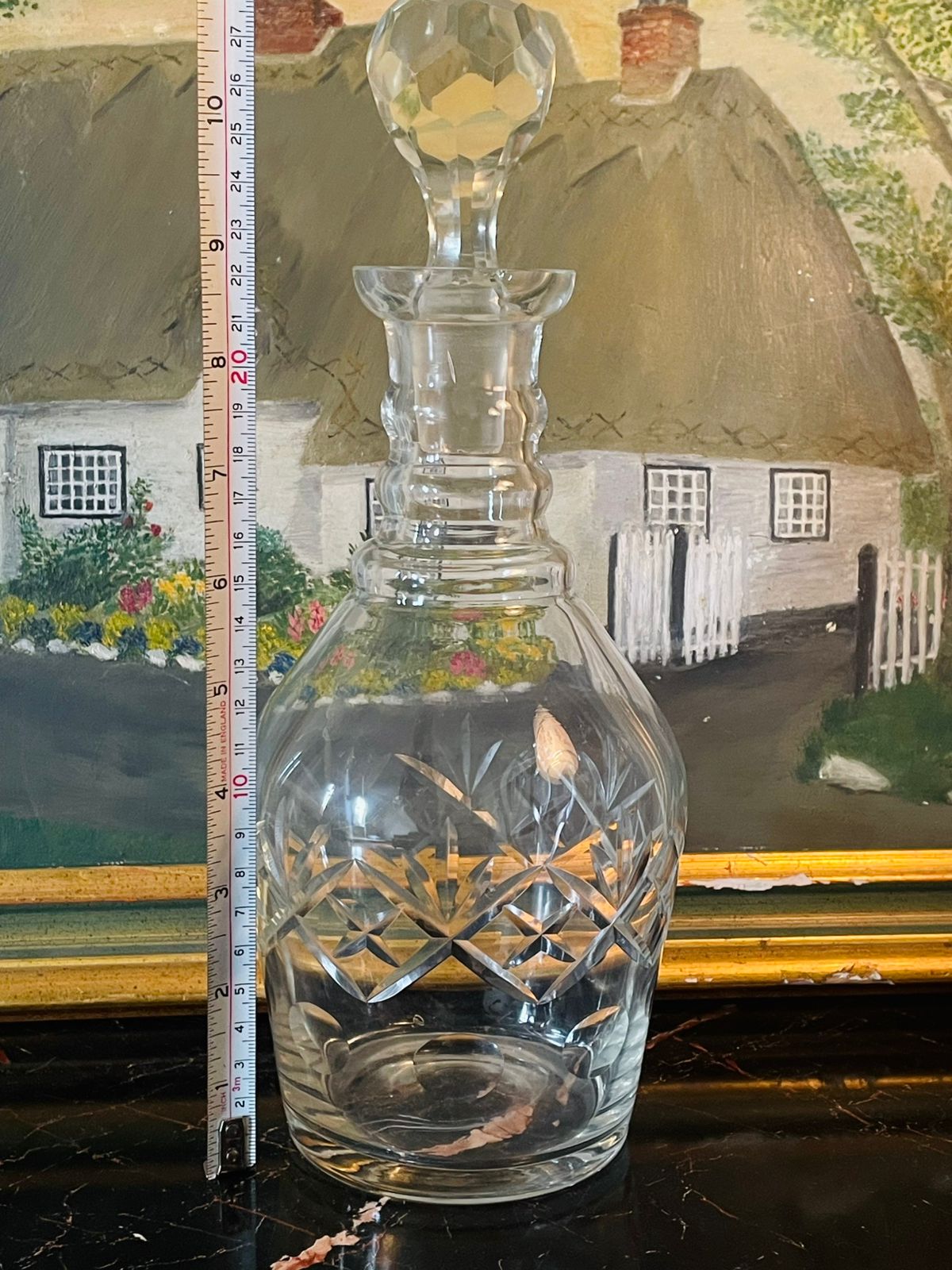 Vintage Cut Crystal Glass Decanter with Faceted Stopper – Diamond & Leaf Pattern