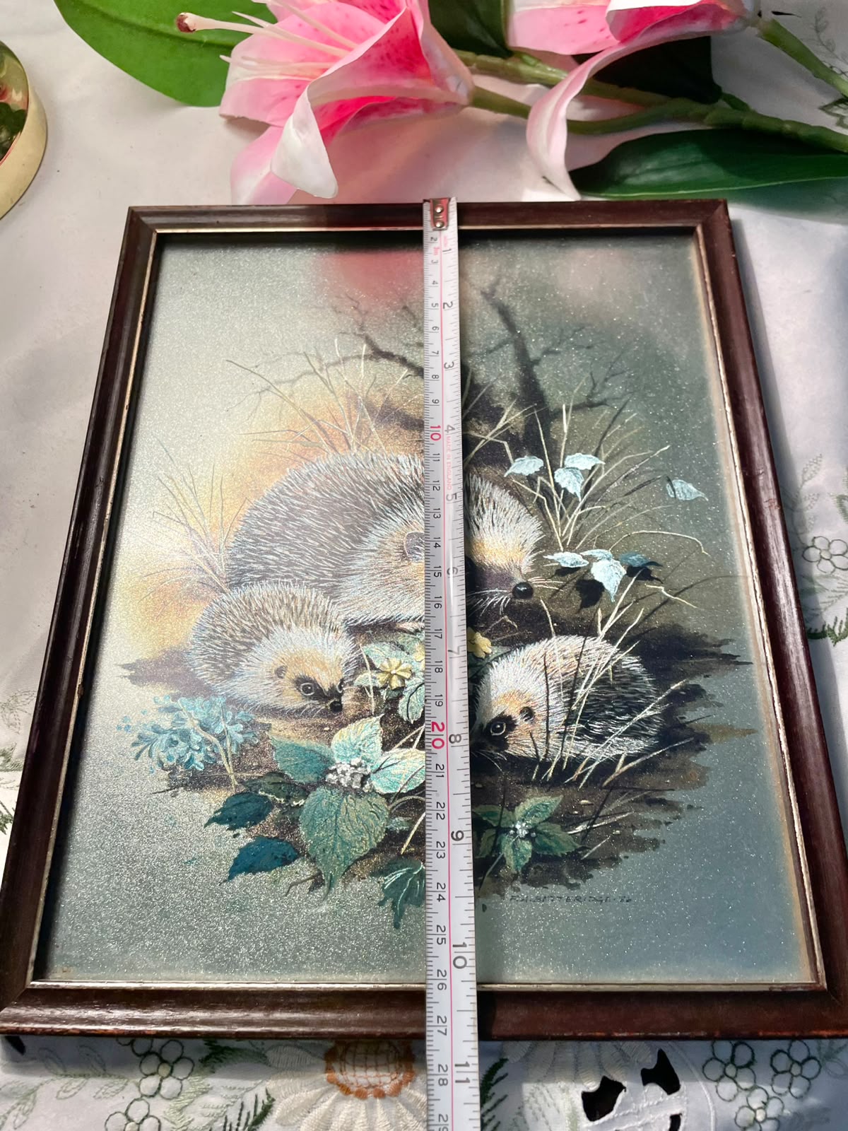 Vintage Hedgehog Family Framed Artwork Approx. 11 Inch
