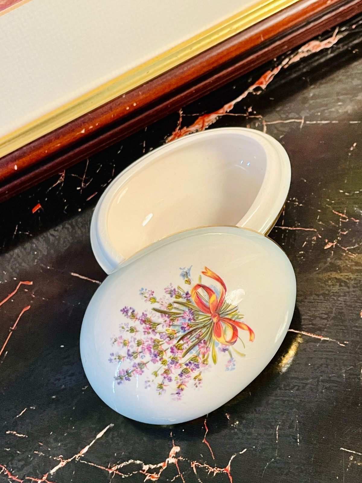 Vintage Porcelain Trinket Box – Floral Bouquet with Gold Rim
