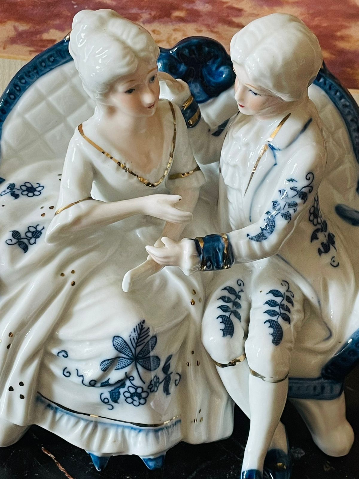 Victorian Couple Figurine – Blue & White with Gold Detailing (England) Blue Pottery Home Decor