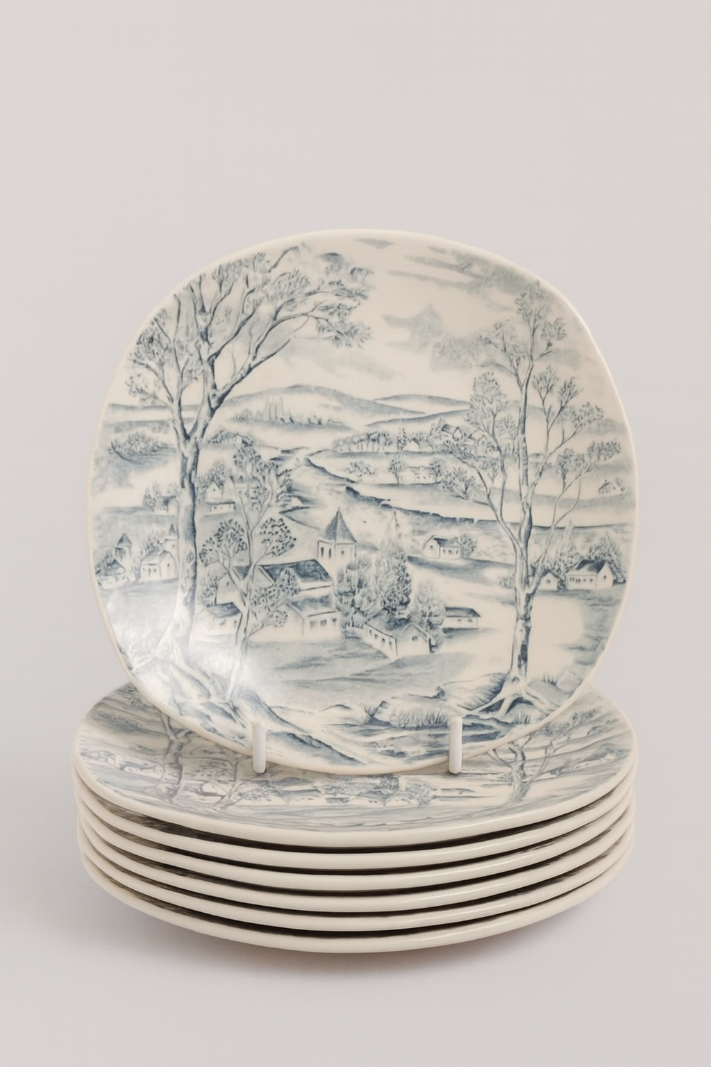 Set of 6 Scarce Vintage Midwinter Fashion Style 'Happy Valley' Blue & White Ironstone Quarter Plates