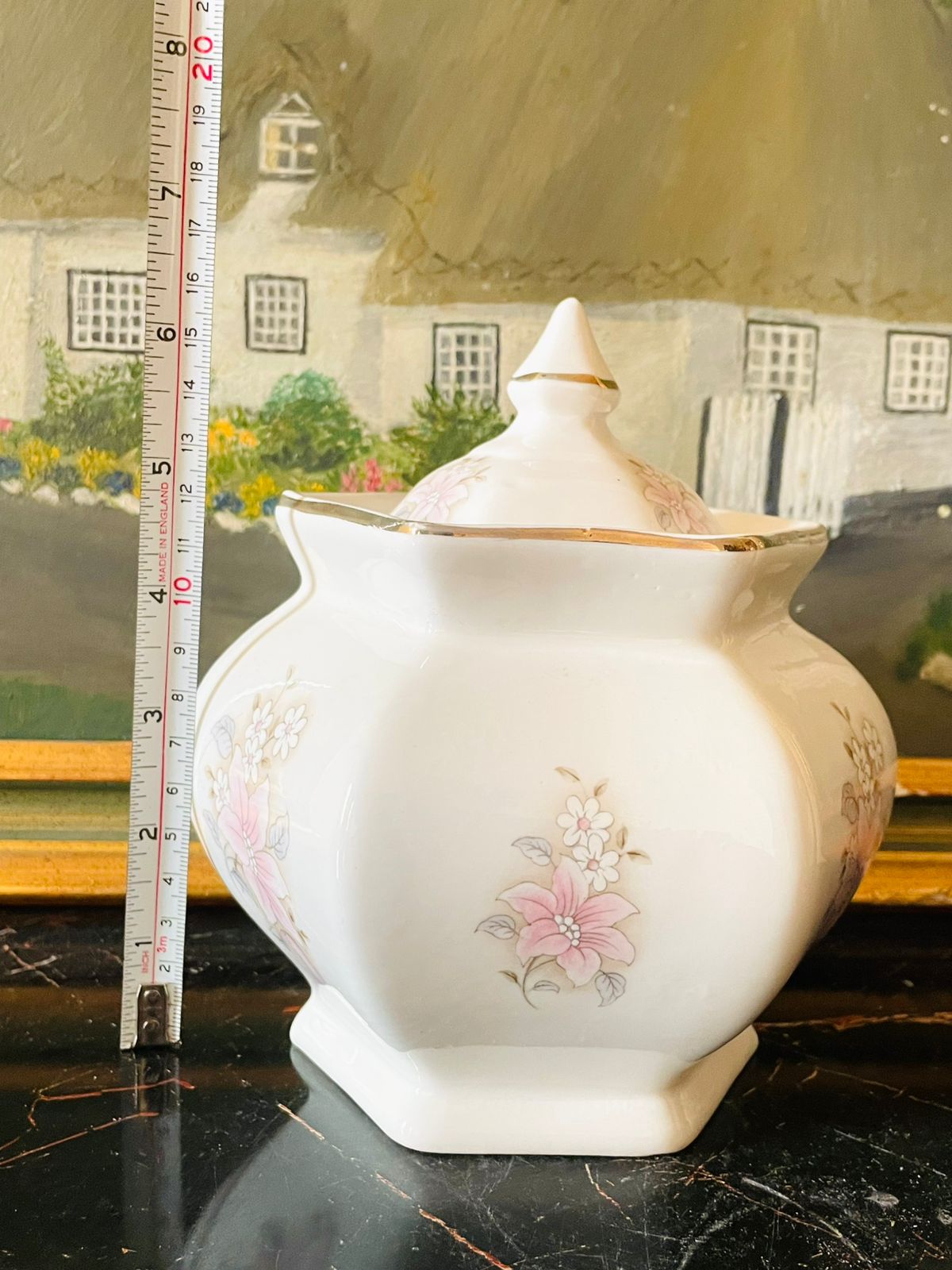 Vintage English Fine Bone China Candy Jar / Pot – Pink Lily Floral with Gold Trim