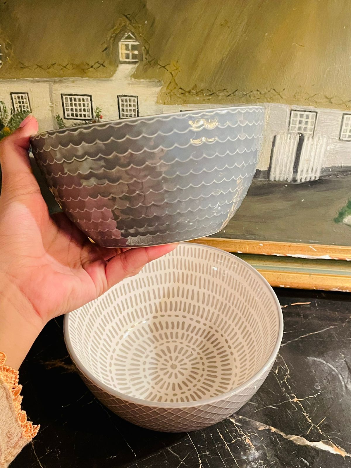 Set of 2 Cereal Bowls, Soup Bowls, Deep Bowls Embossed Abstract Pattern Ceramic Bowls (Rs 1500/-)