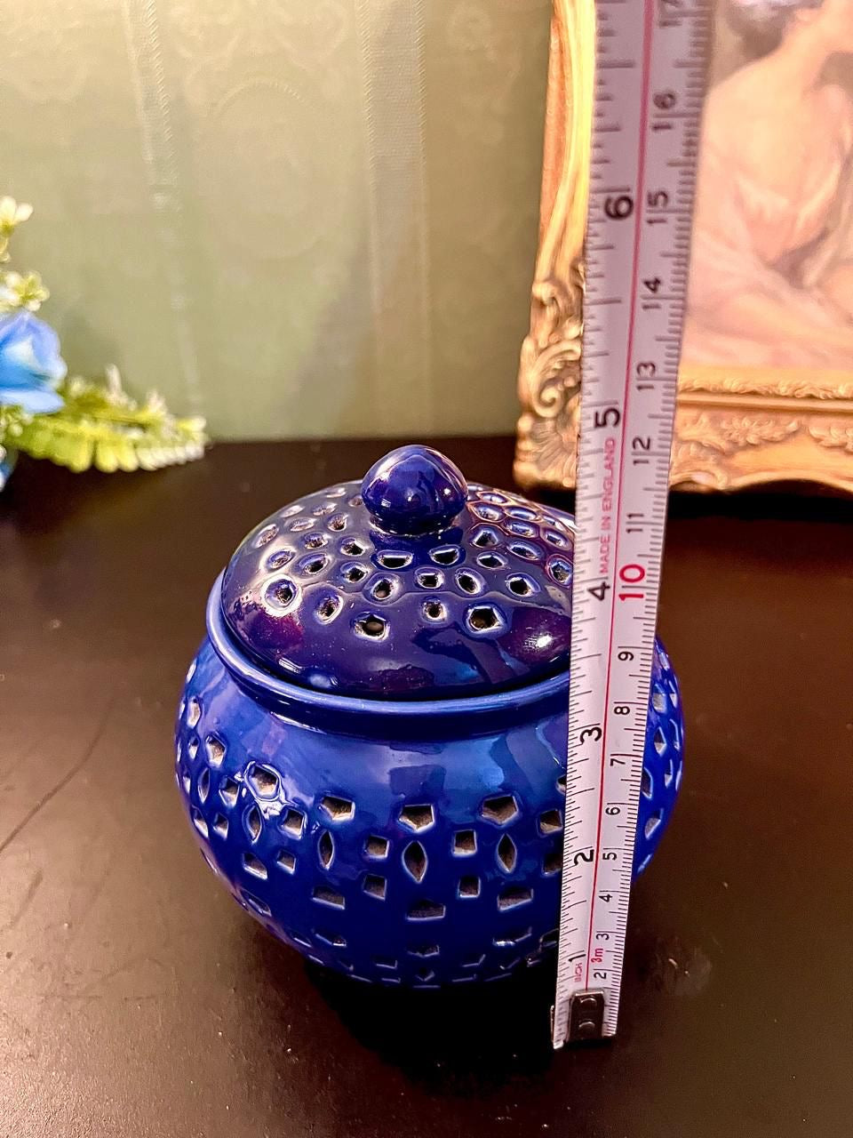 Vintage Blue Ceramic Lidded Lantern Jar 5 Inch