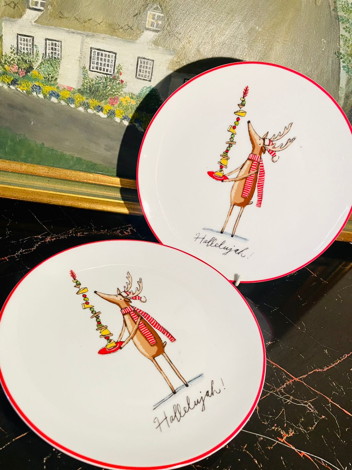 christmas plates, reindeer dinner plates, festive porcelain plates, holiday dining set, ceramic christmas plate, red rim porcelain dish, hallelujah plate, holiday tableware, christmas dinnerware, reindeer design plate, decorative kitchenware